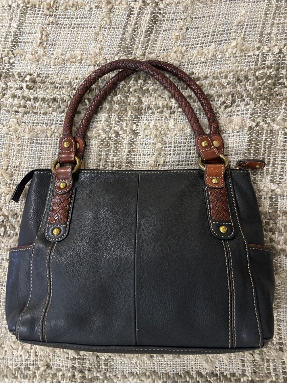 Fossil black leather with cream stitching, double braided handles, - Picture 3 of 14